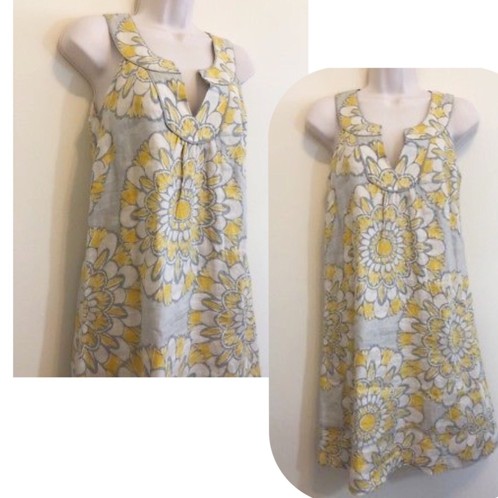 LOFT Linen lemon yellow mandala flower shift dress